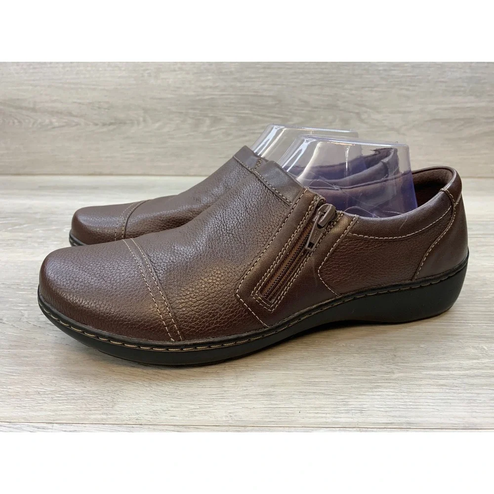 Clarks Brown Leather Zip Comfort Loafers Shoes Women's 10 W Comfort Shoes
